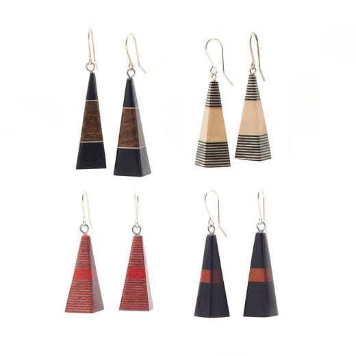 Pyramid wooden hook earrings by Larondelle Georges - one assorted pair