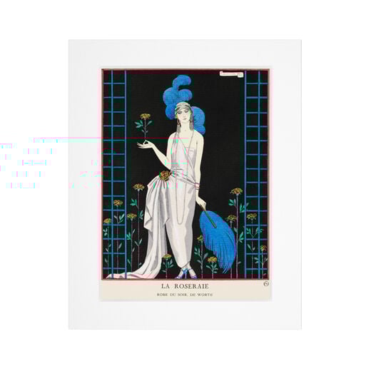 Fashion print featuring an Art Deco illustration of a lady in a long white dress, standing against a dark backdrop. The print is mounted in white.