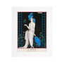 Fashion print featuring an Art Deco illustration of a lady in a long white dress, standing against a dark backdrop. The print is mounted in white.