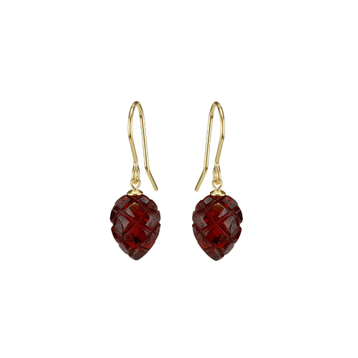 Hook earrings with a carved, drop-shaped deep red stone.