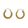 A pair of ornate gold hoop earrings.