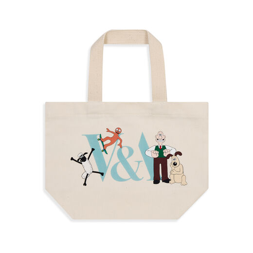 Exclusive Kids mini tote back in neutral colour with Aardmans characters gathering around the V&A logo 