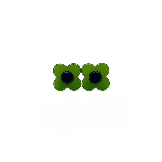 A pair of flower shaped stud earrings, with a blue centre and green petals.