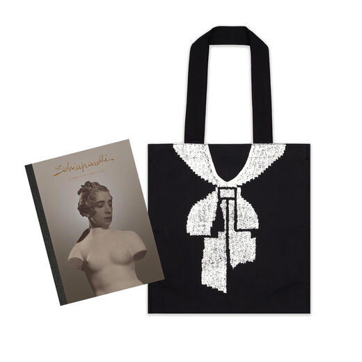 Cratvat tote baf and official exhibition book from the Schiaparelli: Fashion Becomes Art exhibition