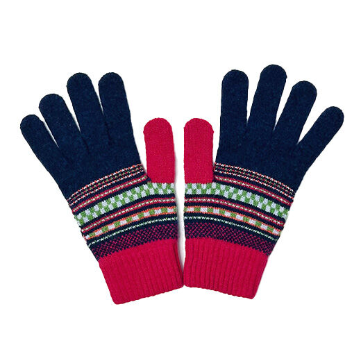 A pair of gloves with a blue and red pattern.