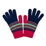 A pair of gloves with a blue and red pattern.
