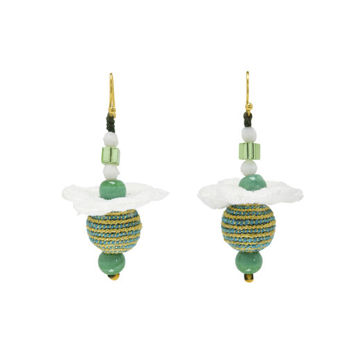 Beaded earrings made of mixed recycled fabric and embroidery
