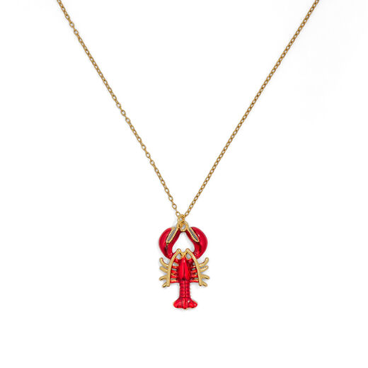 red lobster pendant on delicate golden necklace