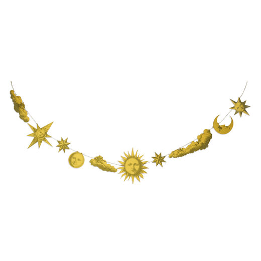 Diy paper garland with golden vintage-inspired celestial prints 