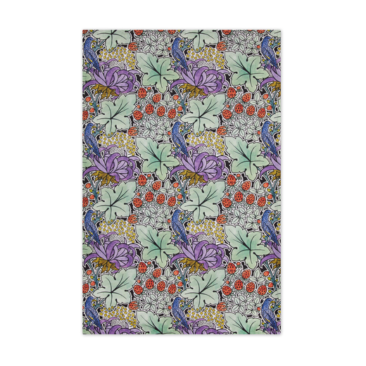 Tea towel with a pattern of foliage, birds and strawberries.