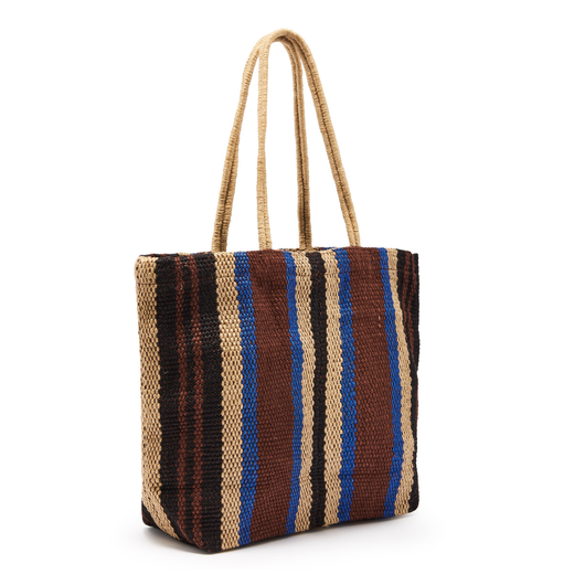 Large square jute bag with a striped pattern in blue, brown and dark red.