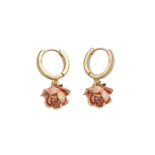 A pair of gold huggie earrings with pink rosebud shaped pendants.