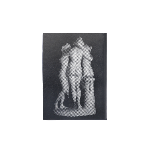 The back cover of a black notebook featuring Canova's Three Graces sculpture group, seen from the back.