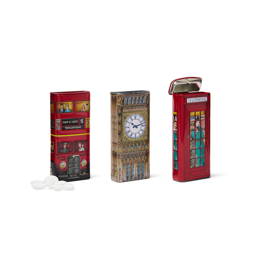 A set of three mint tins modelled on London's red bus, Big Ben, and phone box, respectively.