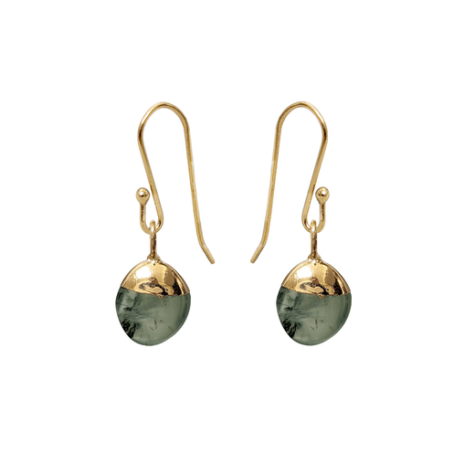 Gold hook earrings with a round shaped dark green stone