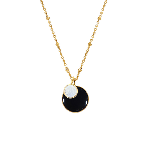 Gold chain necklace with a black round pendant.