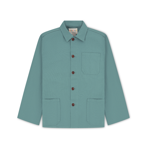 Dusty blue overshirt with three front pockets.