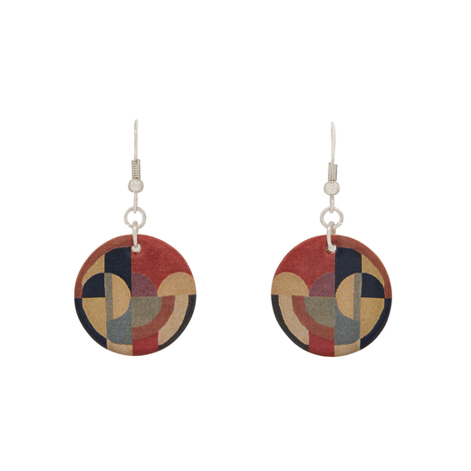 A pair of round hook earrings featuring an art deco pattern in red, blue and yellow.
