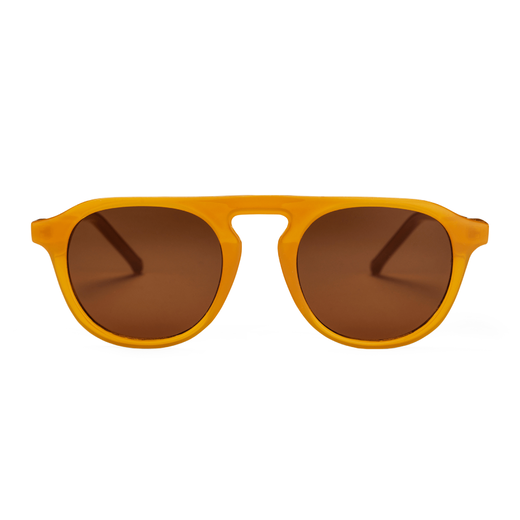 Sunglasses with mustard frame and brown lenses, seen from the front.