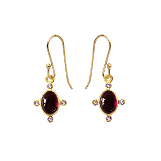 Gold hook earrings with a red oval stone.