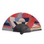 Hand fan with a black frame and a geometric pattern in red, blue and cream colours.