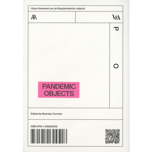 A book cover. The background is white and with a black grid containing the title 'Pandemic Objects' written in capital letters on a pink label.