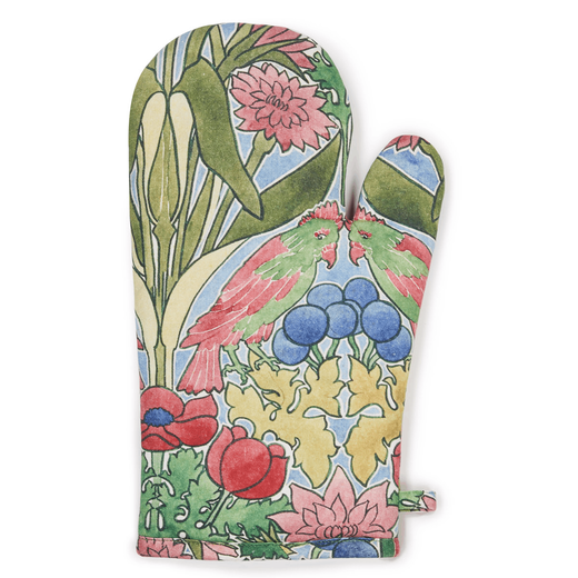 Oven glove featuring a red and green botanical pattern.