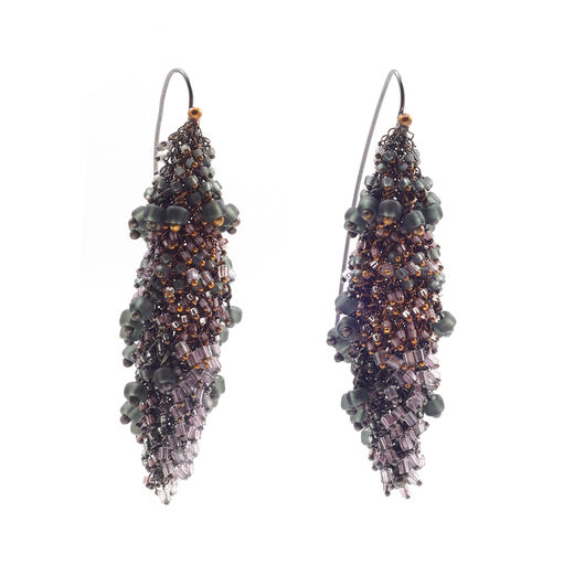 Long knit purple bead hook earrings by Milena Zu