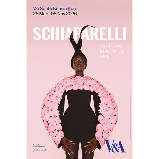 Official Exhibition poster featuring an image of model wearing Roseberry&rsquo;s modern interpretation of the roses of ribbon pattern designed in 1937 by Elsa Schiaparelli and Jean Cocteau