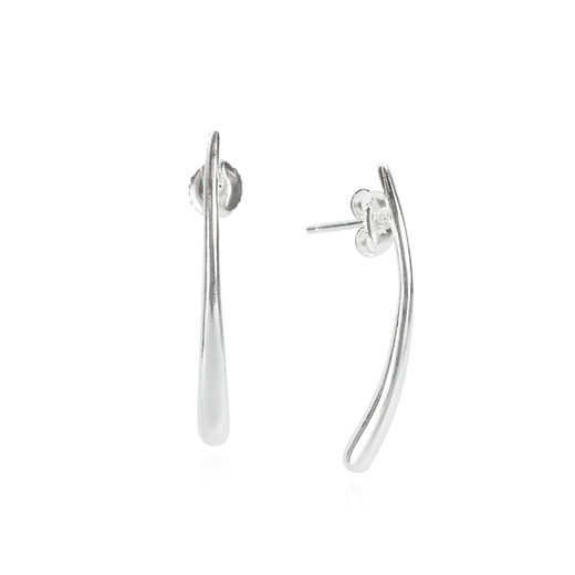 Silver earrings with an elongated teardrop shape.