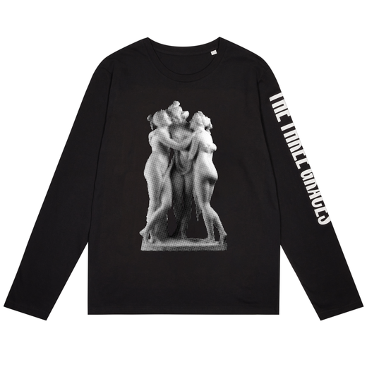 A black long sleeve t-shirt with white prints. The print on the front shows a neoclassical sculpture group and white capital letters on one of the sleeves.