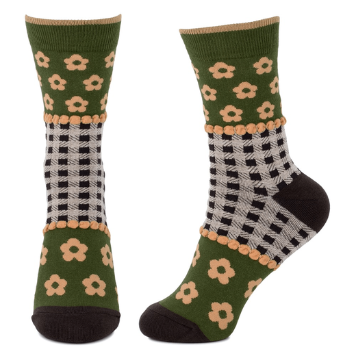 Green floral check socks
