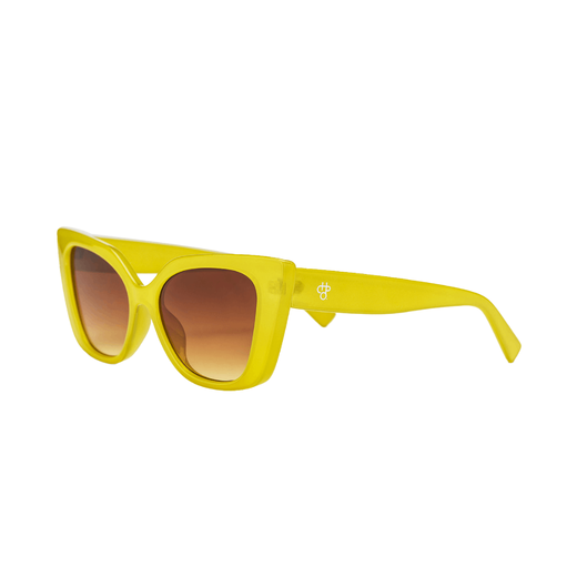 A pair of sunglasses with a chunky yellow frame.
