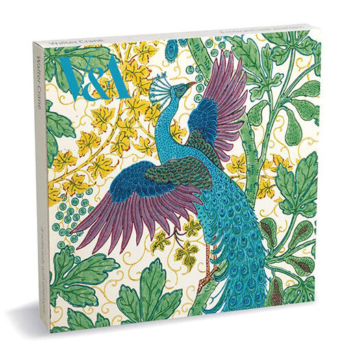 A notecard pack featuring a colourful illustration of a peacock.