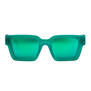 A pair of sunglasses with a bright green frame.