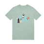Mint green kids t-shirt with Aardmans characters gathering around the V&A logo
