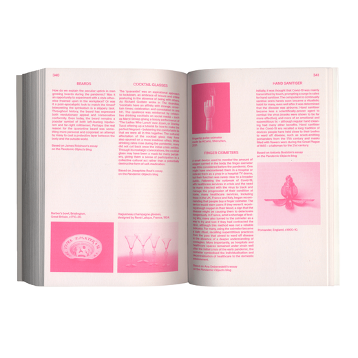 A book spread with text and images printed in pink.