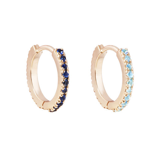 Blue topaz and blue sapphire 9kt gold huggie earrings by Luceir