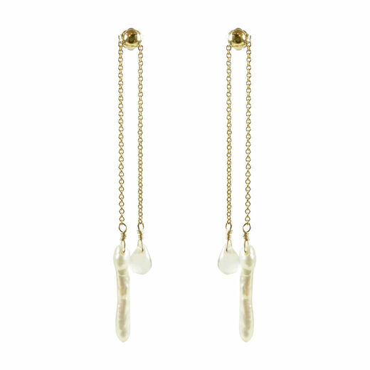 Quartz and pearl double chain stud earrings by Mounir