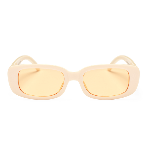 Sunglasses with a cream coloured thick frame and pale yellow lenses.