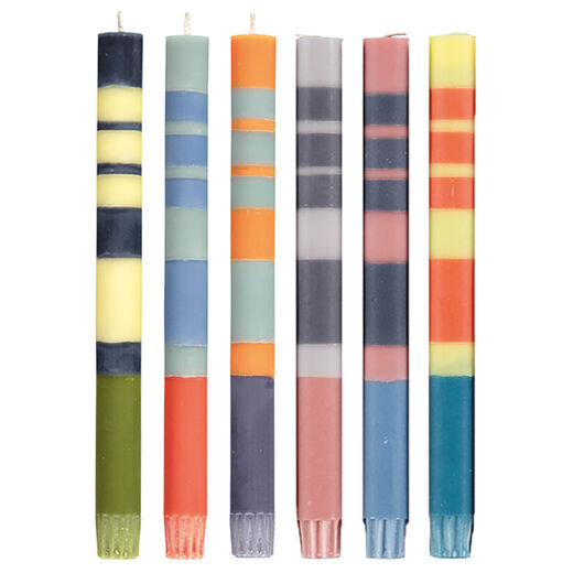 Set of six colourful striped candles