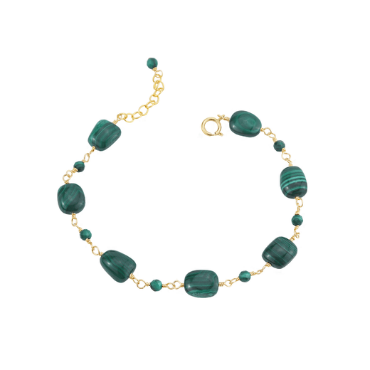 Gold chain bracelet with alternating large and small green stones.