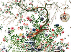 Tree with caged bird on branch and pair of pheasants