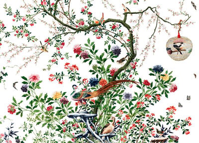 Tree with caged bird on branch and pair of pheasants