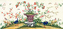 Pair of blue birds pecking around a vase and birds perching on rock
