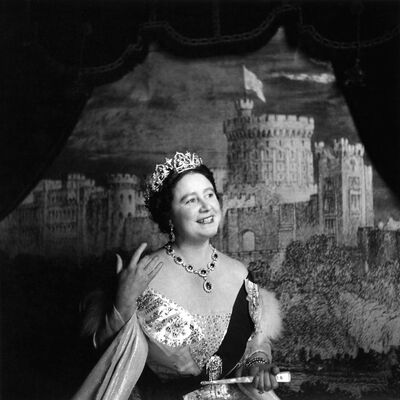 The Queen Mother, Windsor Castle painting in background