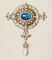 An illustration of a cross-shaped diamond brooch with a large central sapphire