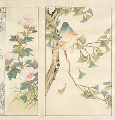 Flowering hibiscus with lovebirds and ginko