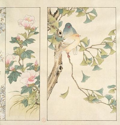 Flowering hibiscus with lovebirds and ginko