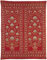 Two panels of intricately branching floral decoration on a rich red ground. 